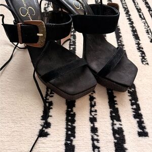 Jessica Simpson Black Suede Platform Sandals with Gold Buckle